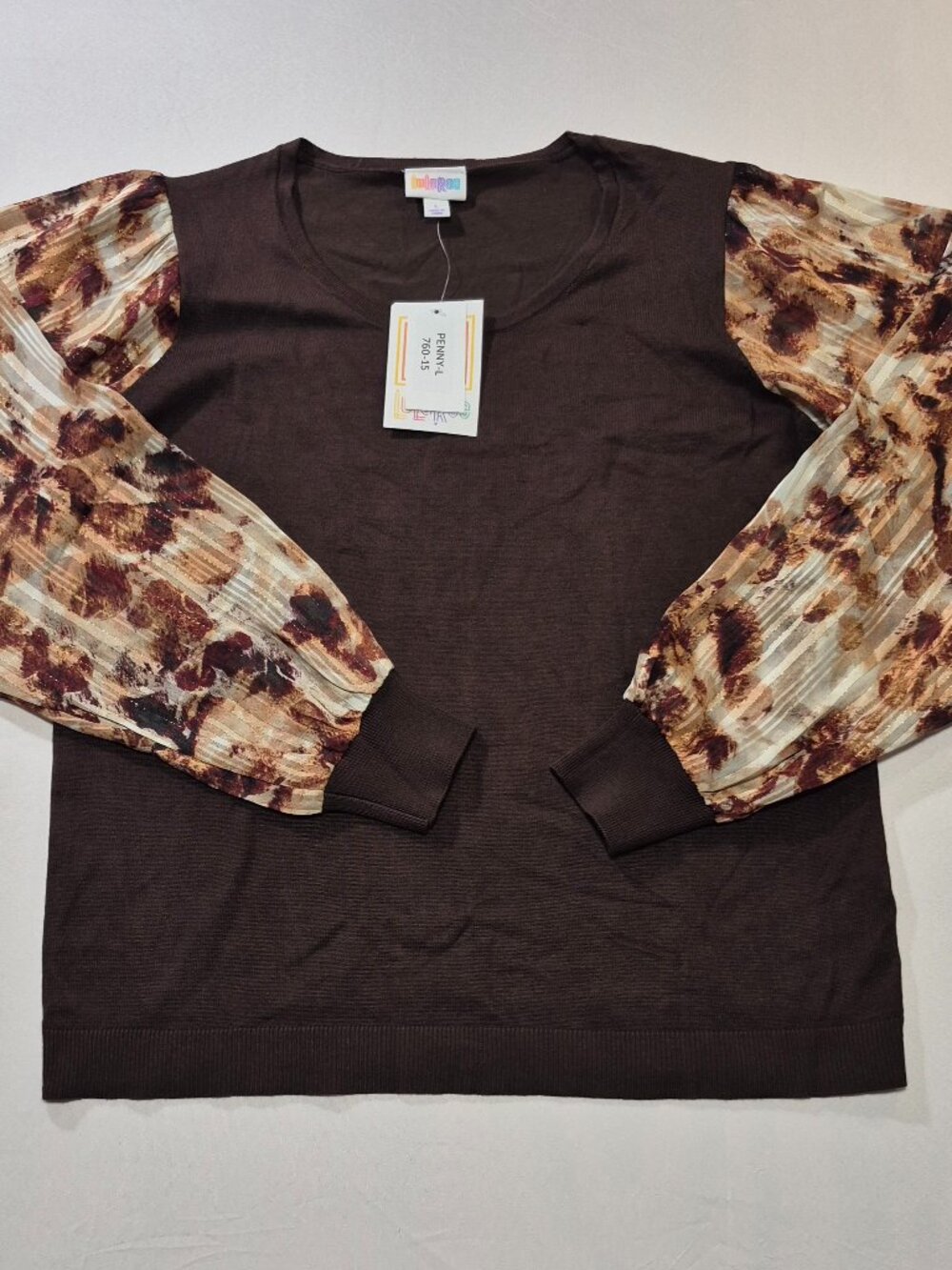 NWT LulaRoe Penny Mixed Media Sweater Top Size L Brown Chiffon Sleeves Knit